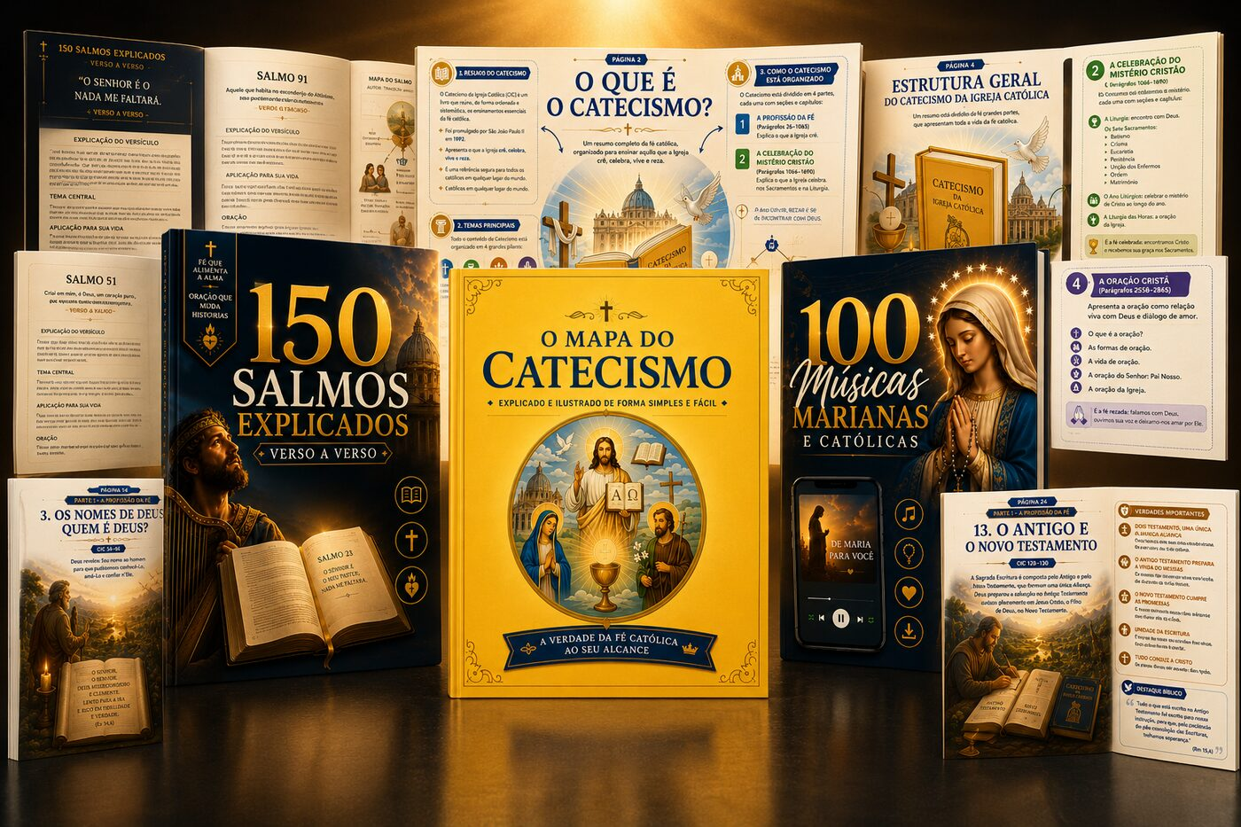 Capa do livro O Mapa do Catecismo ao lado dos bônus 150 Salmos Explicados e 100 Músicas Marianas e Católicas, com páginas internas ilustradas explicando a estrutura do Catecismo da Igreja Católica