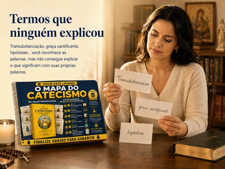 Termos que ninguém explicou — mulher segurando cartões com os termos Transubstanciação, graça santificante e hipóstase, ao lado do Mapa do Catecismo