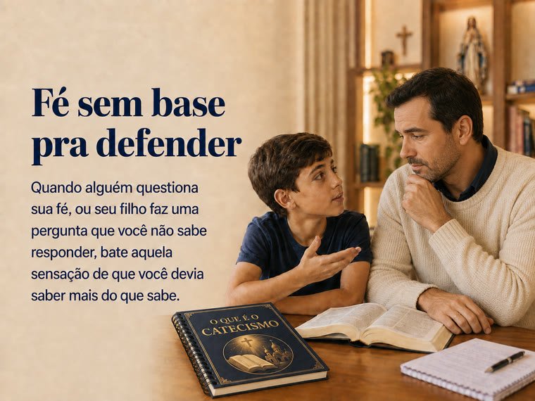 Fé sem base pra defender — pai conversando com o filho, que faz uma pergunta difícil sobre a fé, ao lado do Mapa do Catecismo