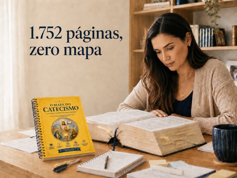 1.752 páginas, zero mapa — mulher lendo o Catecismo sem um guia visual, ao lado do Mapa do Catecismo